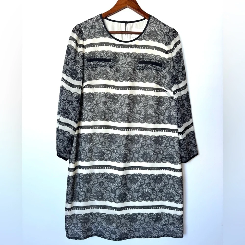J Crew Collection silk Jules dress black and white Trompe L'oeil Lace print
